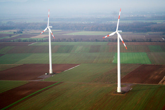 Luftbild von Windkraftanlagen in Minfeld im Bundesland Rheinland-Pfalz, Deutschland