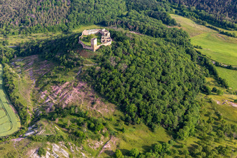 Luftbild von Ruine und Mauerreste der ehemaligen Burganlage und Feste Burg Gleichen an der Thomas-Müntzer-Straße im Ortsteil Wandersleben in Drei Gleichen im Bundesland Thüringen, Deutschland