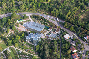 Luftbild von Terrassen- förmigen Parkanlage des Botanischen Garten, Tropicarium und Arboretum der Universität Tübingen in Tübingen im Bundesland Baden-Württemberg, Deutschland