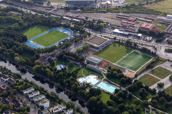Festplatz, Freibad, Campingplatz und Paul Horn Arena in Tübingen im Bundesland Baden-Württemberg, Deutschland