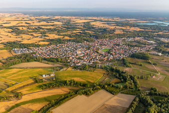 Luftbild von Dorfkern an den Fluß- Uferbereichen des Rhein in Mothern in Grand Est im Bundesland Bas-Rhin, Frankreich