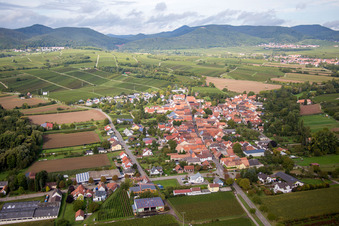 Dorf - Ansicht am Rande von Feldern und Weinbergen vor der Kulisse des Haardtrandes des Pfälzerwalds im Ortsteil Heuchelheim in Heuchelheim-Klingen im Bundesland Rheinland-Pfalz, Deutschland