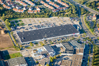 Schrägluftbild von Gewerbegebiet und Firmenansiedlung Schütte-Lanz-Park im Ortsteil Rheinau in Brühl im Bundesland Baden-Württemberg, Deutschland