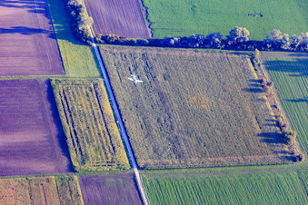 Luftbild von Sportflugzeug im Anflug auf Flugplatz Herrenteich in Hockenheim im Bundesland Baden-Württemberg, Deutschland