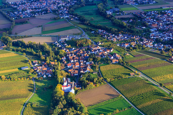 Dorfansicht zwischen herbstlichen Weinbergen aus Westen mit Bischoff-Mühle im Ortsteil Appenhofen in Billigheim-Ingenheim im Bundesland Rheinland-Pfalz, Deutschland