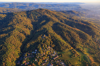 Luftbild von Schloss Alsbach über der Stadt am Rand des Odenwald von Westen in Alsbach-Hähnlein im Bundesland Hessen, Deutschland