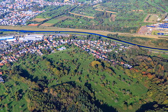 Ortsansicht an der Murg von Südosten im Ortsteil Oberndorf in Kuppenheim im Bundesland Baden-Württemberg, Deutschland