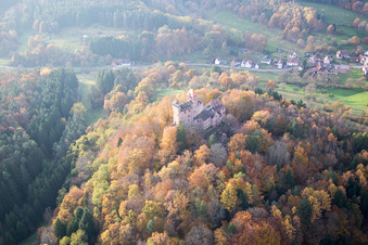 Erlenbach, Burg Berwartstein in Erlenbach bei Dahn im Bundesland Rheinland-Pfalz, Deutschland aus der Luft