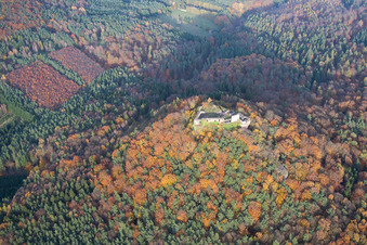 Ruine und Mauerreste der ehemaligen Burganlage Lindelbrunn in Vorderweidenthal im Bundesland Rheinland-Pfalz, Deutschland