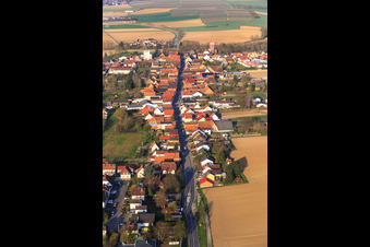 Schrägluftbild von Hauptstraße von Osten in Minfeld im Bundesland Rheinland-Pfalz, Deutschland