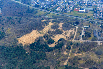 Luftbild von Sanddünen im Wald an der Natostr in Dudenhofen im Bundesland Rheinland-Pfalz, Deutschland