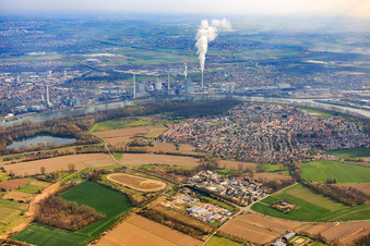 Ortsübersicht mit Gewerbegebiet In d. Kehl und Im Ried an der Sandbahn-Rennbahn des Motorsportclub Altrip e.V im Bundesland Rheinland-Pfalz, Deutschland
