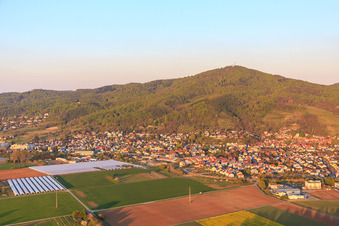 Luftaufnahme von Ortsansicht zu Füßen des Melibokus in Zwingenberg im Bundesland Hessen, Deutschland