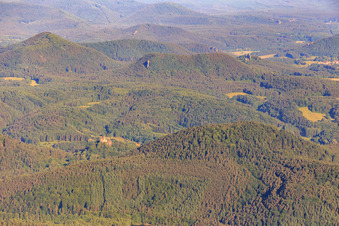 Luftbild von Burg Berwartstein hinterm Schniddelfels in Erlenbach bei Dahn im Bundesland Rheinland-Pfalz, Deutschland