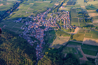 Luftbild von Winzerort am Haardtrand aus Westen in Oberotterbach im Bundesland Rheinland-Pfalz, Deutschland