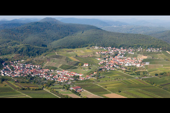 Dorf - Ansicht am Rande von Weinbergen und Wald im Ortsteil Gleiszellen in Gleiszellen-Gleishorbach im Bundesland Rheinland-Pfalz, Deutschland
