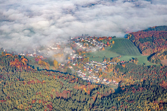 Ortsansicht unter Morgennebel im Ortsteil Erlenbach in Erbach im Bundesland Hessen, Deutschland