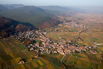 Dorf - Ansicht am Rande von Weinbergen am Haardtrand in Frankweiler im Bundesland Rheinland-Pfalz, Deutschland