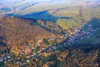 Luftbild von Trifelsstr im Birnbachtal von Südwesten im Abendlicht in Leinsweiler im Bundesland Rheinland-Pfalz, Deutschland