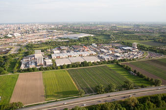 Luftbild von Gewerbegebiet Muldenweg im Ortsteil Pfingstweide in Ludwigshafen am Rhein im Bundesland Rheinland-Pfalz, Deutschland