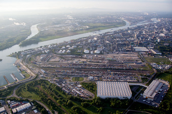 Ortsteil BASF in Ludwigshafen am Rhein im Bundesland Rheinland-Pfalz, Deutschland aus der Drohnenperspektive