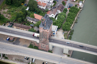 Luftbild von Nibelungenbrücke über den Rhein in Worms im Bundesland Rheinland-Pfalz, Deutschland