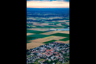 Dorf - Ansicht am Rande von Feldern im Ortsteil Ibersheim in Worms vor der Skyline von Frankfurt am Main am Horizont im Bundesland Rheinland-Pfalz, Deutschland