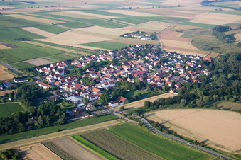 Dorf - Ansicht am Rande von landwirtschaftlichen Feldern und Nutzflächen in Friesenheim/Rheinhessen im Bundesland Rheinland-Pfalz, Deutschland