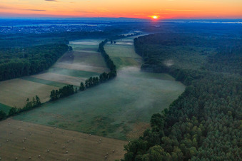 Sonnenaufgang im Otterbachtal mit Morgendunst in Kandel im Bundesland Rheinland-Pfalz, Deutschland von oben gesehen