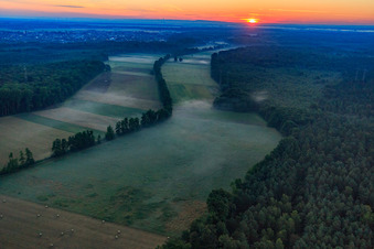 Sonnenaufgang im Otterbachtal mit Morgendunst in Kandel im Bundesland Rheinland-Pfalz, Deutschland vom Flugzeug aus