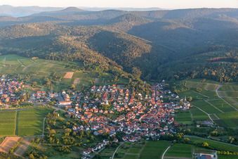 Dorf - Ansicht am Rande von Weinbergen und Wald in Rechtenbach in Schweigen-Rechtenbach im Bundesland Rheinland-Pfalz, Deutschland