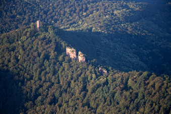 Burg Trifels in Annweiler am Trifels im Bundesland Rheinland-Pfalz, Deutschland aus der Luft