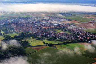 Luftbild von Dorfansicht mit Morgennebel aus Südwesten in Rohrbach im Bundesland Rheinland-Pfalz, Deutschland