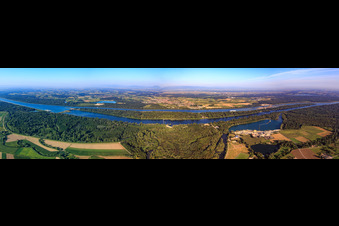 Panorama der Insel im Rhein von der Schleuse Ottenheim über Schleuse Gerstheim bis Meißenheim aus Osten im Bundesland Bas-Rhin, Frankreich