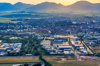 Neues Messegelände and der Marie-Curie-Straße von Osten im Abendlicht im Ortsteil Queichheim in Landau in der Pfalz im Bundesland Rheinland-Pfalz, Deutschland