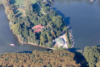 Luftbild von Restaurant Insel Rott am Rhein in Linkenheim-Hochstetten im Bundesland Baden-Württemberg, Deutschland