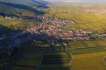 Winzerdorf am Haardtrand in Herbstfarben aus Süden im Ortsteil SaintMartin in Sankt Martin im Bundesland Rheinland-Pfalz, Deutschland