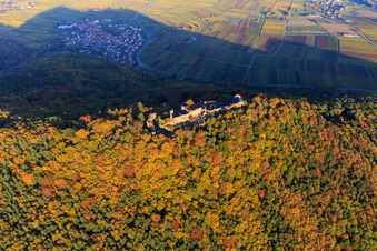 Burgruine Madenburg im herbstlichem Wald bei Abendlicht in Eschbach im Bundesland Rheinland-Pfalz, Deutschland aus der Luft