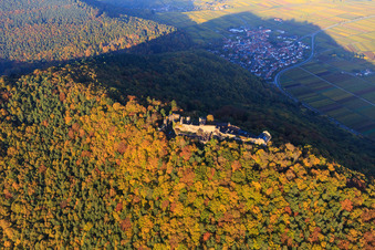 Burgruine Madenburg im herbstlichem Wald bei Abendlicht in Eschbach im Bundesland Rheinland-Pfalz, Deutschland aus der Vogelperspektive
