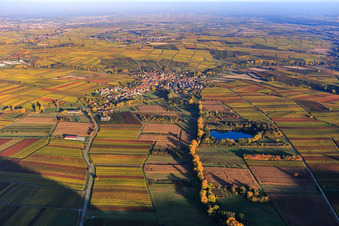 Ortsansicht hinter dem Naturschutzgebiet Biotopweiher alte Tongrube in Göcklingen im Bundesland Rheinland-Pfalz, Deutschland