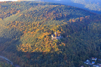 Burgruine der Burg Landeck im herbstlichem Wald bei Abendlicht in Klingenmünster im Bundesland Rheinland-Pfalz, Deutschland aus der Vogelperspektive