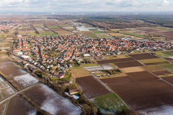 Dorf - Ansicht am Rande von landwirtschaftlichen Feldern und Nutzflächen in Zeiskam im Bundesland Rheinland-Pfalz, Deutschland