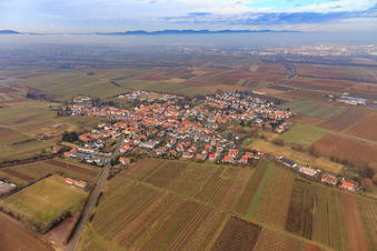 Dorfübersicht bei Inversion im Winter aus Südosten in Impflingen im Bundesland Rheinland-Pfalz, Deutschland
