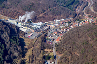 Gebäude und Produktionshallen auf dem Werksgelände Kartonfabrik Buchmann GmbH im Ortsteil Sarnstall in Annweiler am Trifels im Bundesland Rheinland-Pfalz, Deutschland