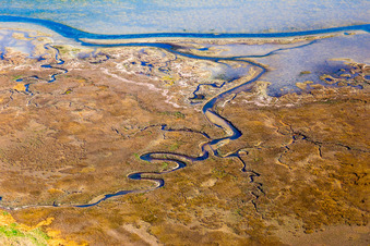 Luftbild von Brackwasserlandschaft auf der Isola Marinetta im Lido di Grado bei Lignano Sabbiadoro in Friuli-Venezia Giulia im Bundesland Udine, Italien