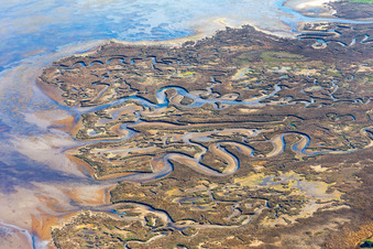 Luftaufnahme von Brackwasserlandschaft auf der Isola Marinetta im Lido di Grado bei Lignano Sabbiadoro in Friuli-Venezia Giulia im Bundesland Udine, Italien