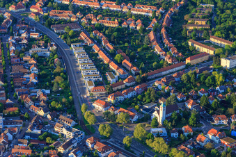 Luftbild von Herrenalber Straße x Diakonissenstraße mit Christkönigkirche von Süden im Ortsteil Rüppurr in Karlsruhe im Bundesland Baden-Württemberg, Deutschland