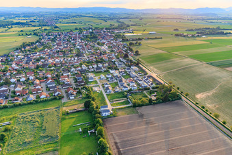 Dorfansicht am Abend aus Osten in Minfeld im Bundesland Rheinland-Pfalz, Deutschland