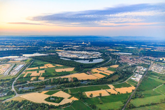 Übersicht des Industriepark Wörth GmbH am Morgen aus Nordwesten jenseits des Sees Kiefer Rathjen mit  Mercedes-Benz Trucks in Wörth am Rhein im Bundesland Rheinland-Pfalz, Deutschland