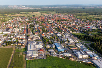 Luftbild von Ortsansicht der Straßen und Häuser der Wohngebiete in Kirrlach in Waghäusel im Bundesland Baden-Württemberg, Deutschland
